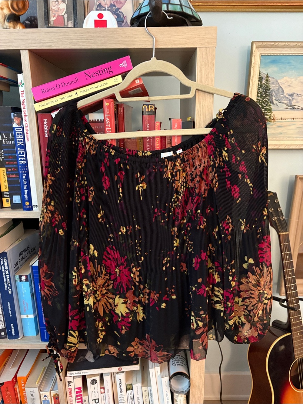Wilfred Black Floral Off-Shoulder Blouse with Red & Gold Accents